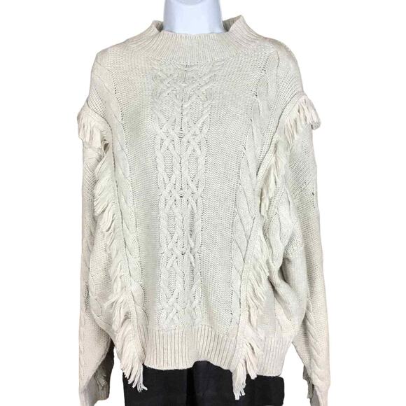 Leith Womens Sweater Small Beige Cream Cable Knit Fringe Mock Neck NWT - Picture 7 of 11